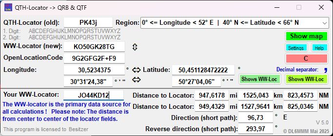 Bildschirmansicht von QTH-Locator V5.0